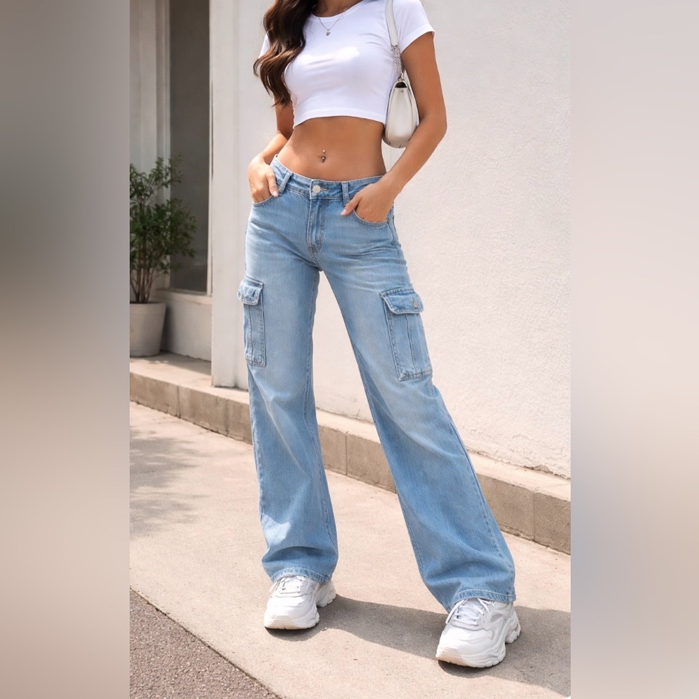 Y2K Cargo Jeans Women Size 6 Light Wash Stretch Flare Leg Utility Denim Trend